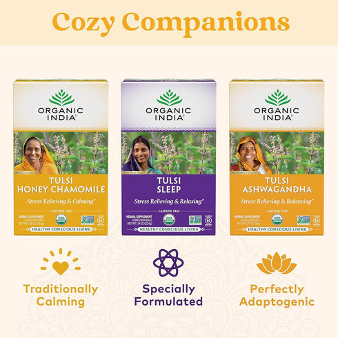 Organic India Tulsi Honey Chamomile Herbal Tea - Stress Relieving & Calming, 18 Infusion Bags, 3 Pack