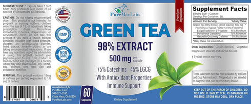 Green Tea Extract 98% - 3X Strength, 75% Polyphenol Catechins, 60 Capsules Super Antioxidant