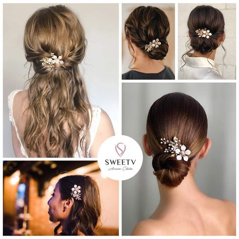SWEETV Gold Bridal Hair Clip, Floral Hair Comb Barrette for Brides Wedding