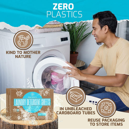 Unscented Laundry Detergent Sheets - Zero Waste, Natural Soap, Travel Size Essentials for Washing Clothes, 100 Loads