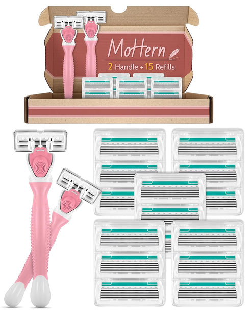 Razors for Women with Sensitive Skin, 6 Blades and 15 Blade Refills, Includes 2 Travel Razors, Green
