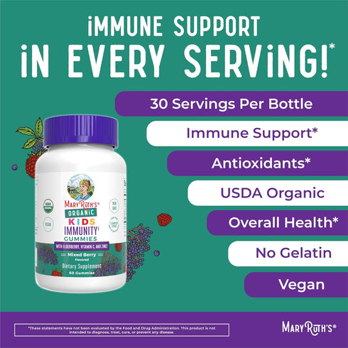 MaryRuth Organics Kids Immune Support Gummies | 60 Count | Vegan, Non-GMO, Gluten Free | Vitamin C, Zinc, Elderberry