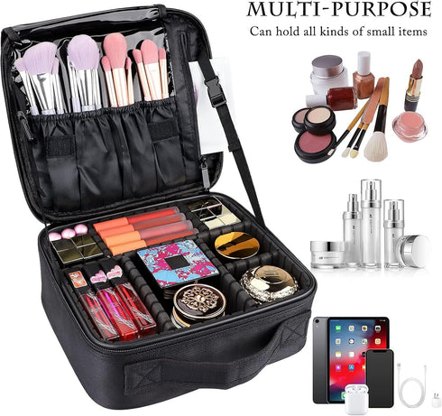 JOURMON Travel Makeup Bag - Portable Cosmetic Case Organizer with Adjustable Dividers for Makeup Brushes and Accessories
