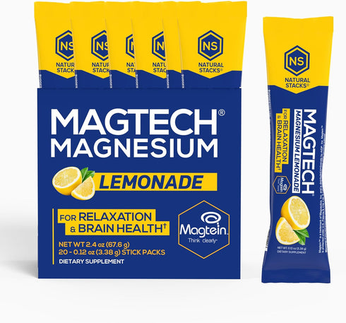 MagTech Magnesium Lemonade Drink Mix - Chelated Magnesium Complex, 20 Stick Packs