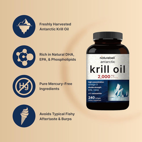 Antarctic Krill Oil 2000mg Supplement - 240 Softgels, Natural Source of Omega-3s, EPA & DHA, No Fishy Aftertaste
