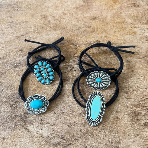 Western Turquoise Decorative Hair Ties for Women and Girls, Bohemian Ponytail Holders (4 Pcs)