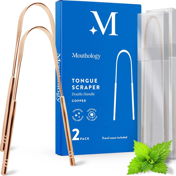 Copper Tongue Scraper Dual Handle (2 Pack with Case), Medical Grade Stainless Steel Cleaners for Fresh Breath