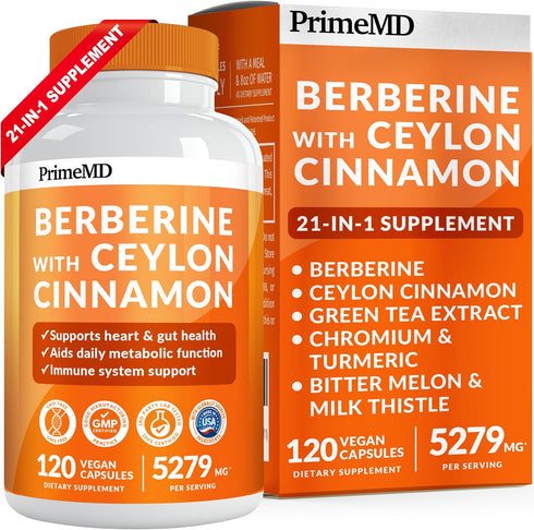 21-in-1 Berberine Supplement with Ceylon Cinnamon - 1500 mg Berberine, Chromium, Bitter Melon, 120 ct
