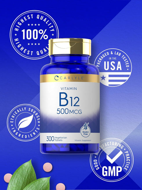 Carlyle Vitamin B-12 500mcg | 300 Tablets | Gluten Free, Vegetarian, Non-GMO Supplement