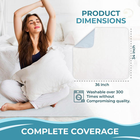 Washable Underpads 34”x36” (2 Pack), 4-Layers Waterproof Bed Pads for Incontinence, Bedwetting, and Pet Accidents