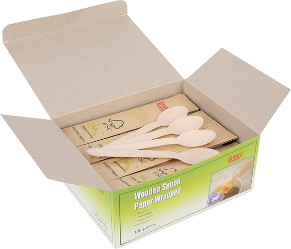 Gmark Disposable Wooden Spoons, Paper Wrapped, Pack of 100, 6.5" Spoons, 100% All-Natural, Eco-Friendly, Biodegradable