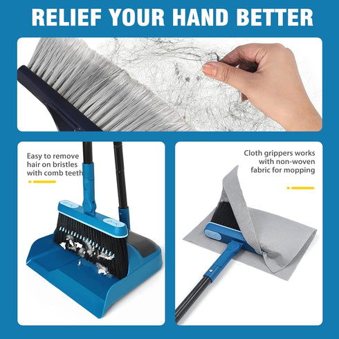 JEHONN Dustpan and Brush Set, 54" Long Handle Swivel Broom, Foldable Dust Pan with Comb Teeth for Cleaning
