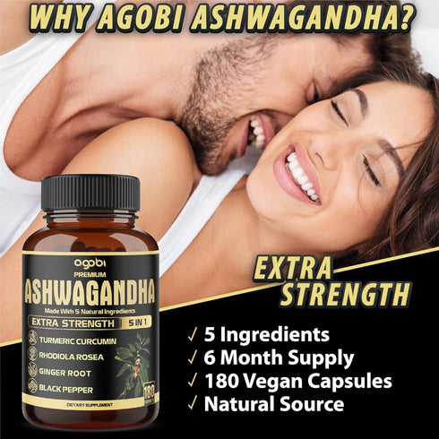 5in1 Premium Ashwagandha Capsules with Turmeric, Rhodiola Rosea, Ginger, Black Pepper - 180 Caps for 6 Months