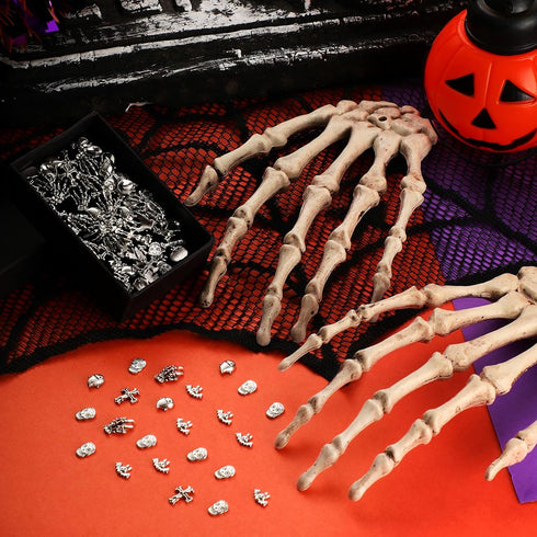 Leelosp 100 Pieces Halloween 3D Nail Charms Skull Ghost Bat Skeleton Punk Hand Shape Metal Alloy Decor for DIY Nail