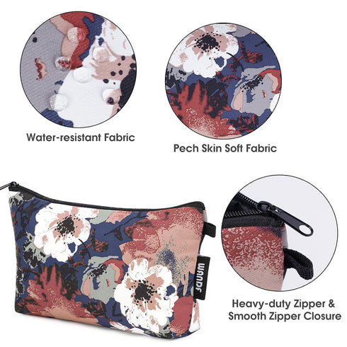 WANDF Cosmetic Bag for Women, Makeup Bag Organizer Mini Pouch for Purse, Water Resistant Gift (Blue Flower)