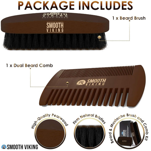 Smooth Viking Beard Brush & Comb Gift Set for Men, Natural Boar Bristle Hair Brush & Wooden Comb for Grooming & Beard