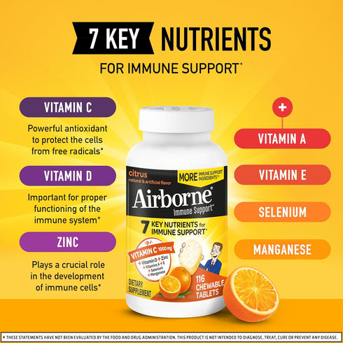 Airborne Vitamin C 1000mg (per Serving) - Citrus Chewable Tablets (116 Count), Gluten-Free Immune Support Supplement