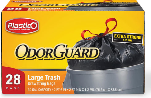 Plastico Large Trash Bags, 30 Gallon, Black, 28 Garbage Bags, Extra Strong, Easy Drawstrings, Odor Guard Control,