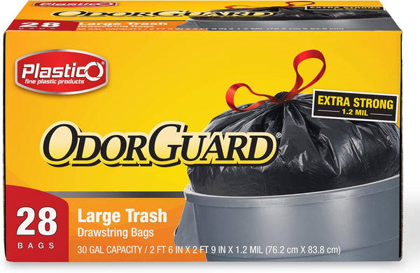Plastico Large Trash Bags, 30 Gallon, Black, 28 Garbage Bags, Extra Strong, Easy Drawstrings, Odor Guard Control,