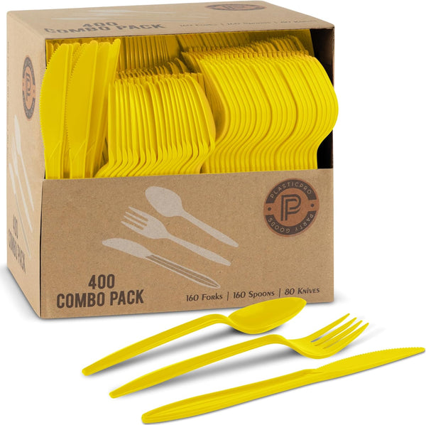 PLASTICPRO 400 Pack Disposable Plastic Utensils, Assorted Colored Cutlery Combo Set, Yellow Plastic Cutlery for Parties