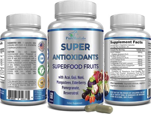 Super Antioxidant Fruit Superfood Complex - 60 Capsules of Powerful Antioxidant Superfruits for Immune Support and Skin