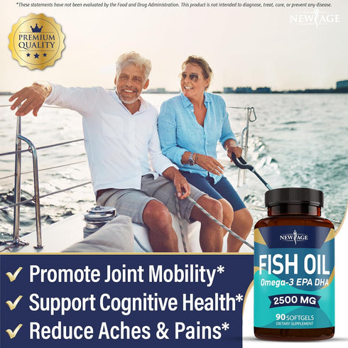 NEW AGE Omega 3 Fish Oil 2500mg Supplement - Non GMO, EPA, DHA Fatty Acids, Gluten Free (180 Softgels)
