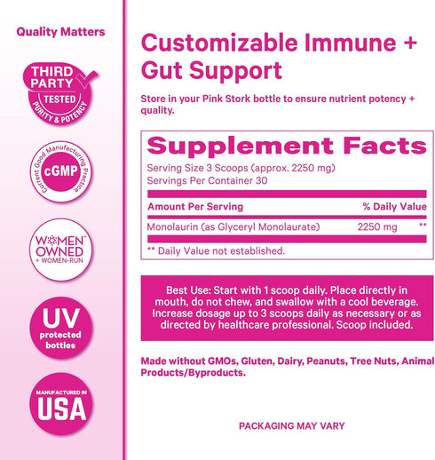 Immune 226g 75 Pink Stork Monolaurin Pellets Vegan Lauric Acid & Gut Support for Women Microbial Balance, Digestive