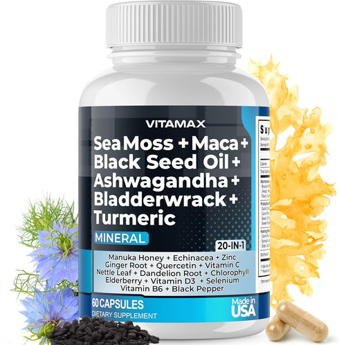 Sea Moss 3000mg Maca 1000mg Black Seed Oil - 2000mg Ashwagandha, Turmeric, Vitamins C & D3, Made in USA (60 Count)