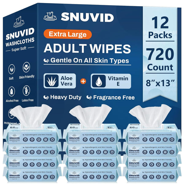 Snuvid Adult Wipes for Elderly - 720 Count Extra Large 8"x13" Disposable Washcloths
