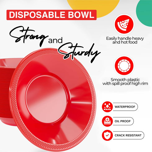Exquisite Red 12 Oz Plastic Disposable Party Bowls, Large Soup Bowls for All Occasions, 50 Red Bowls Per Pack