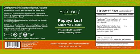 Harmony Nutraceuticals Papaya Leaf Supreme Extract, Organic Dr. Gumman's Clinical Grade 120 Vegan Capsules