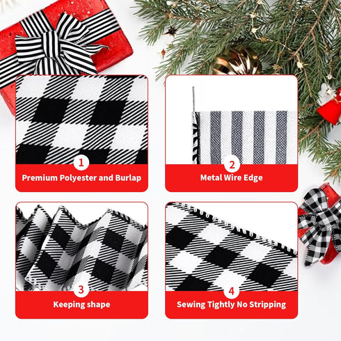 Wired Ribbons - Polyester Buffalo Plaid, Stripes, Dot, Burlap and Black Edged, Metal Edge 2.5 inch Ribbons, 6 Rolls 30 Yards, Decorative Ribbons for Christmas, Parties, Gifts and Big Bow