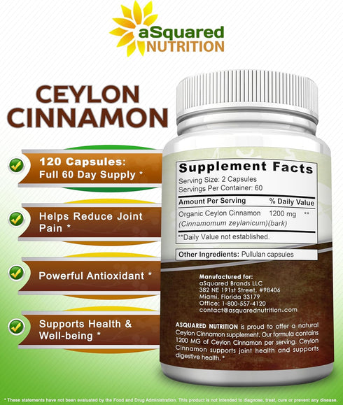 Natural Ceylon Cinnamon 1200mg, 120 Capsules, True Cinnamon Extract Supplement for Heart Health