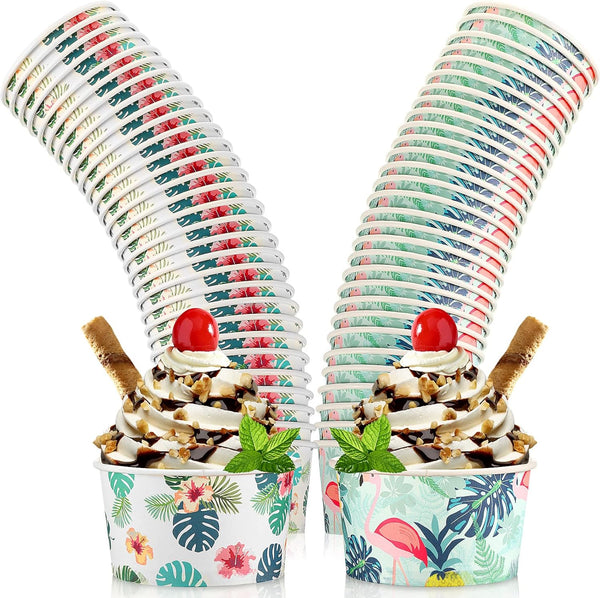 Hawaiian Summer Party Supplies Disposable Ice Cream Bowls, 8 oz Paper Snack Cups for Sundae Soup Candy (Classic