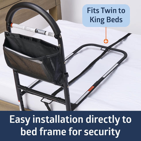 Medline Bed Assist Bar with Storage Pocket, Height Adjustable Bed Rail for Elderly Adults, Assistance for Getting