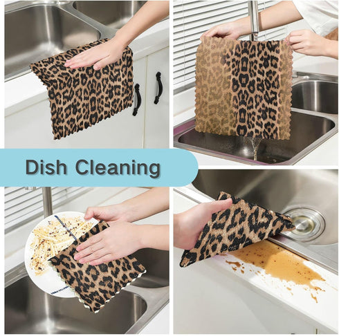senya 6 Pack Dish Cloths - Reusable Kitchen Hand Towels with Cheeteh Leopard Print
