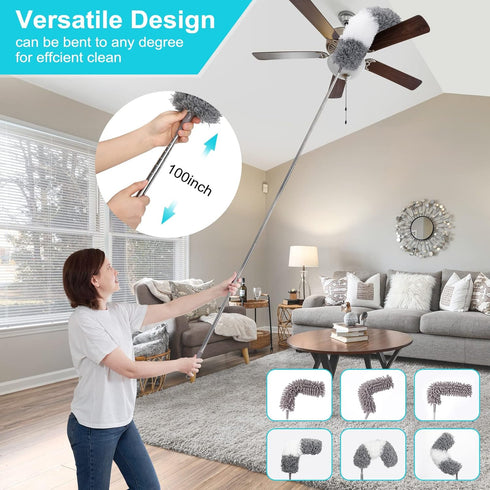 12pcs Microfiber Dusters, Duster with Extension Pole(Stainless Steel) 30 to 100'', Washable Dusters, Bendable Extendable Long Feather Duster for Cleaning Fan, High Ceiling, Blinds, Furniture, Cars by SNOPIC