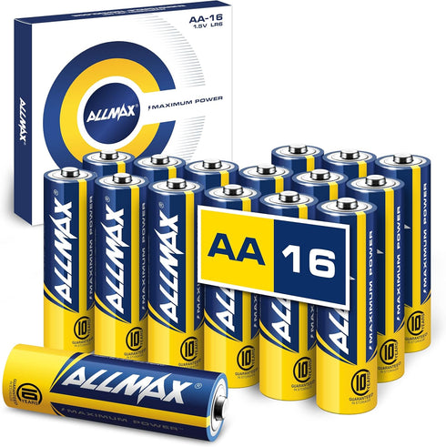 Allmax 16 Count AA Maximum Power Alkaline Batteries – Ultra Long-Lasting, 10-Year Shelf Life