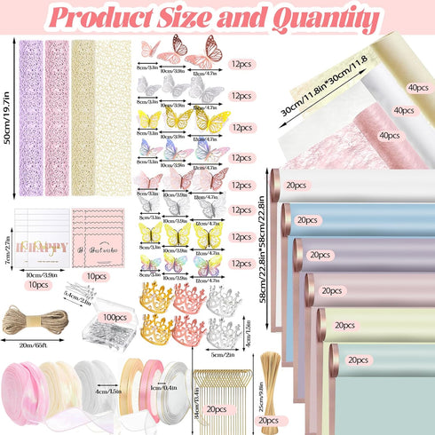 NLXCXUCY 512Pcs 120 3D Flower Wrapping Paper Kit with Sheets Waterproof Floral Wrapping Paper Butterfly Decor