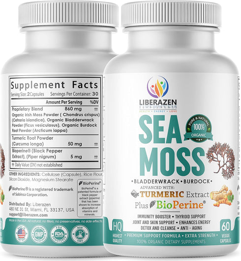 Organic Irish Sea Moss Pills, Wildcrafted Dr Sebi Inspired Seamoss Blend with Turmeric, Burdock Root & Bladderwrack