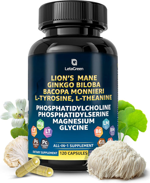 Organic Lions Mane Supplement Capsules - 120 Capsules with Ginkgo Biloba, Bacopa Monnieri for Brain Support