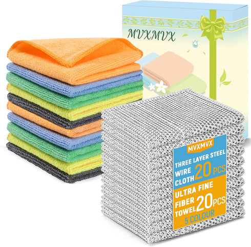 MVXMVX Non Scratch Wire Dishcloth and Microfiber Cleaning Cloth 10pcs-Multipurpose Wire Dishwashing Rags