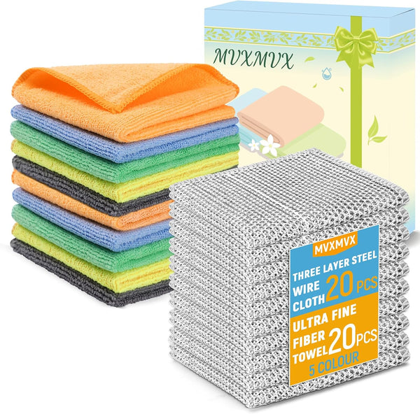 MVXMVX Non Scratch Wire Dishcloth and Microfiber Cleaning Cloth 10pcs-Multipurpose Wire Dishwashing Rags