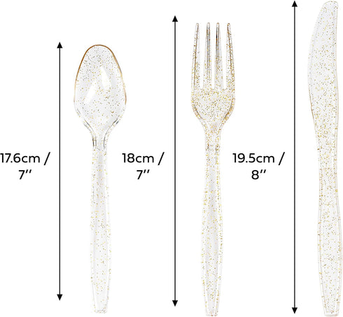 MATANA 150 pc Gold Plastic Silverware Set with Gold Glitter - 50 Forks, 50 Spoons & 50 Knives, Heavy Duty Clear Plastic Cutlery Set Utensils for Wedding Receptions, Parties, Picnics, Events by MATANA