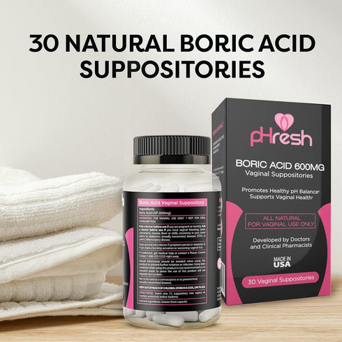 pHresh Boric Acid Suppositories for Women, Suppositories for Odor Use, Natural Feminine Care Supports Vaginal Health