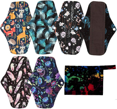 7pcs Set, 1 Mini Wet Bag + 6pcs 10 Inch Regular Cloth Mama Cloth/Menstrual Pads, Reusable Sanitary Pads (Ink)