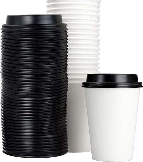 White 12 Oz Paper Coffee Cups with Recyclable Dome Lids, 100 Pk. BPA Free Disposable Drink Cup Set for Hot Tea and