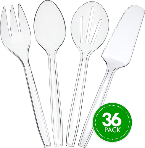 Plasticpro Disposable Plastic Serving Utensils Set of 36, Clear Heavyweight Forks, Spoons, Knives, Sifting Spoons