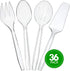 Plasticpro Disposable Plastic Serving Utensils Set of 36, Clear Heavyweight Forks, Spoons, Knives, Sifting Spoons