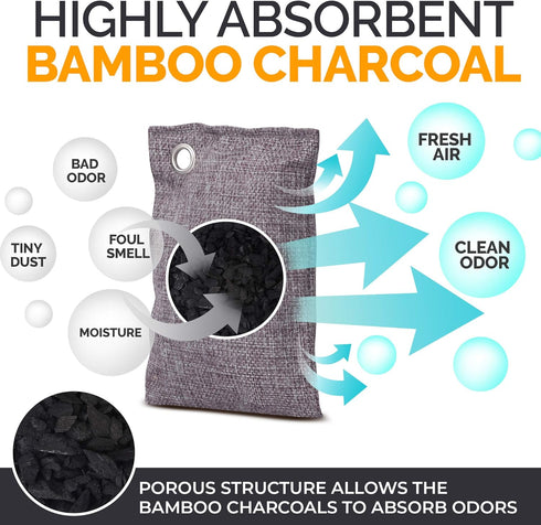 Activated Charcoal Odor Absorber, 10x3.5oz with Hooks, Nature Fresh Bamboo Charcoal Air Purifying Bag